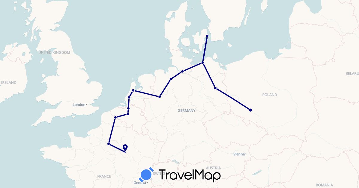 TravelMap itinerary: driving in Belgium, Germany, Denmark, France, Netherlands, Poland (Europe)